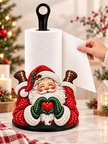 2D FLAT Christmas Decor Kitchen Paper Towel Holder (No Power Light) - Desktop Tabletop Roll Holder With Display And Storage Function, Fun Faux Pearl Painting Santa Claus Heart Shape Design, Suitable For Kitchen, Bathroom, Living Room And Dining Room, Decorative Ornament To Create Warm Christmas Atmosphere. 2D, Not 3D - Multicolor - View 2