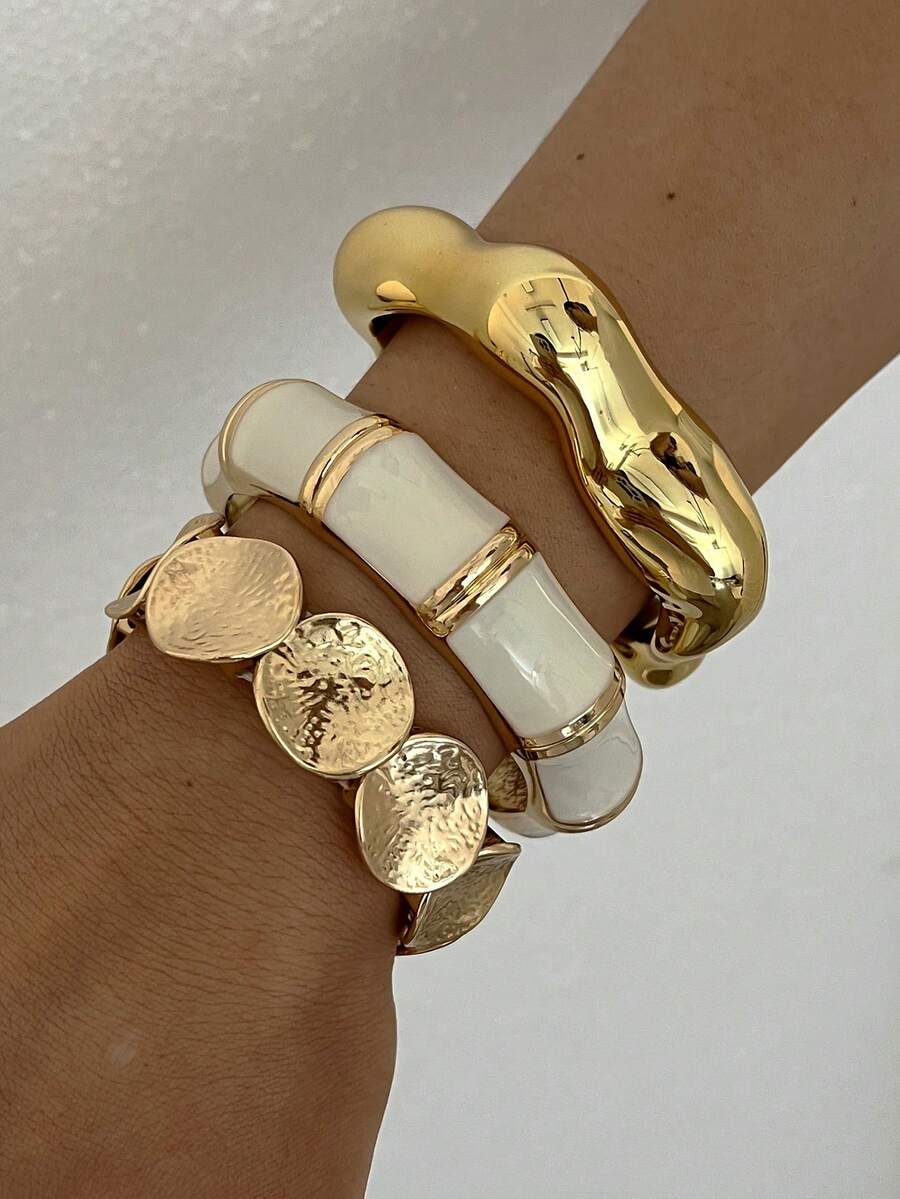 3/1pc Multi-Layer Stackable Fashion Minimalist Elegant Exquisite Vintage Design Geometric Ribbon Wave Disc White Oil Drop Patchwork Metal Style Exaggerated Wide Chunky Bracelet Set, Holiday Vacation Party Date Gift, Daily Commute Wear, Personalized - Yellow Gold - View 1