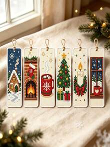 6pcs Christmas‑Themed Cross‑Stitch Bookmark Set, DIY Christmas Bookmark Kit, Medium‑Grid Three‑Strand Embroidery Thread, Christmas Tree, Bell, And Fireplace Pattern - Multiple Styles - View 5