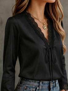 Women's Loose Elegant Solid Color Lace Top, Hollow Floral Lace Design - Black - View 9