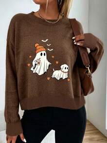 Women Plus Size Long Sleeve Pullover Sweater, Halloween Ghost Walking Dog Funny Print, Loose Casual Top, Suitable For Autumn/Winter - Dark Ochre - View 5