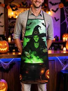 1pc/2Pcs/4Pcs Spooky Dark Halloween Apron, Witch Cauldron Haunted Castle Full Moon Pumpkin Print Apron, Cooking Baking Holiday Costume Apron - Multicolor - View 2