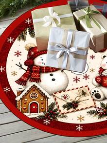 1pc Red Christmas Tree Skirt With Snowman And Bear Pattern, Classic Red Trim Snowflake Design, Round Base, Suitable For Standard Size Christmas Tree; Ideal For Winter Party And Home Holiday Decoration, Perfect Christmas Tree Accessory - Multicolor - View 7