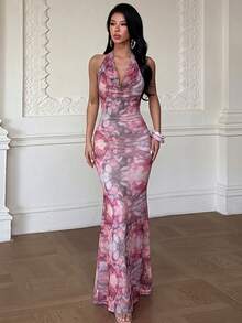 Autumn Floral Print Draped Neck Tie Strap Dress Beach Vacation - Pink - View 2