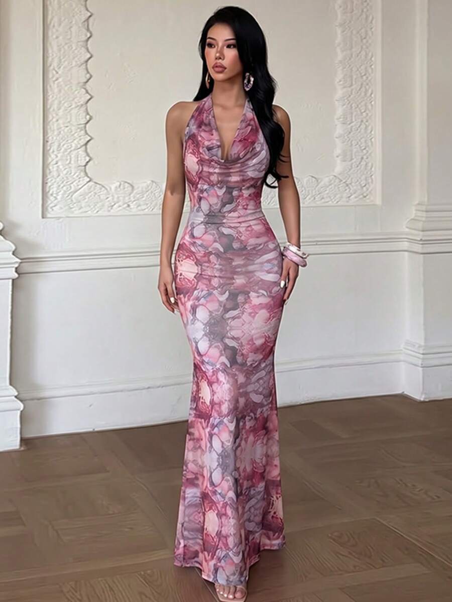 Autumn Floral Print Draped Neck Tie Strap Dress Beach Vacation