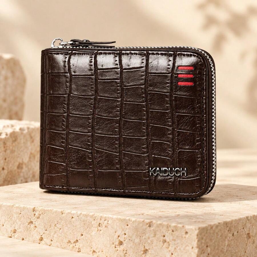 HOVI'S 1pc Black Crocodile Embossed PU Leather Men's Short Wallet, Multi-Functional Large Capacity Zipper Wallet, Card Slot Design + ID Window + Coin Compartment, Full Zipper Closure Business Casual Wallet, Suitable For Commuting, Travel, Daily Use For Men - Brown - View 1