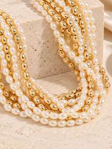 1pc Women's Multi-Layer Faux Pearl Necklace, Golden Color Beaded Layered Statement Necklace, Elegant Party Jewelry - Gold - View 4