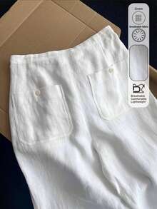 Women's White Linen Wide Leg Pants, Drawstring Elastic Waist Casual Long Pants With Back Pockets, Breathable Summer Vacation Pants - White - View 1