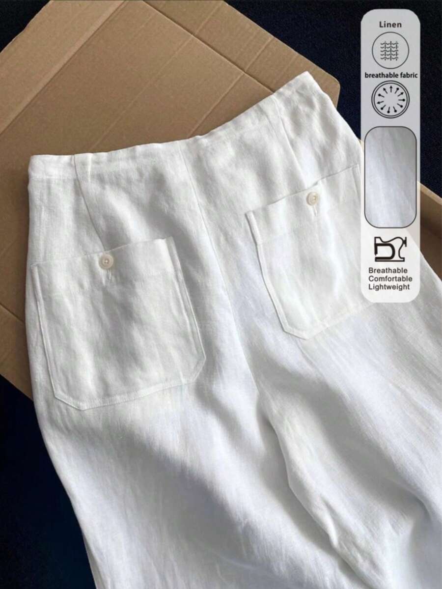 Women's White Linen Wide Leg Pants, Drawstring Elastic Waist Casual Long Pants With Back Pockets, Breathable Summer Vacation Pants - White - View 1