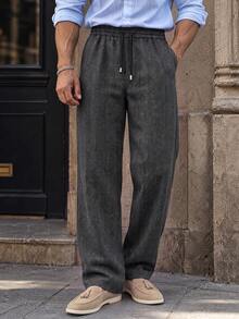 Men Fall Vintage Dark Grey Herringbone Wide Leg Pants, Elastic Waist Drawstring Relaxed Trousers With Pockets, Business Daily Holiday Bottoms - Dark Grey - View 1