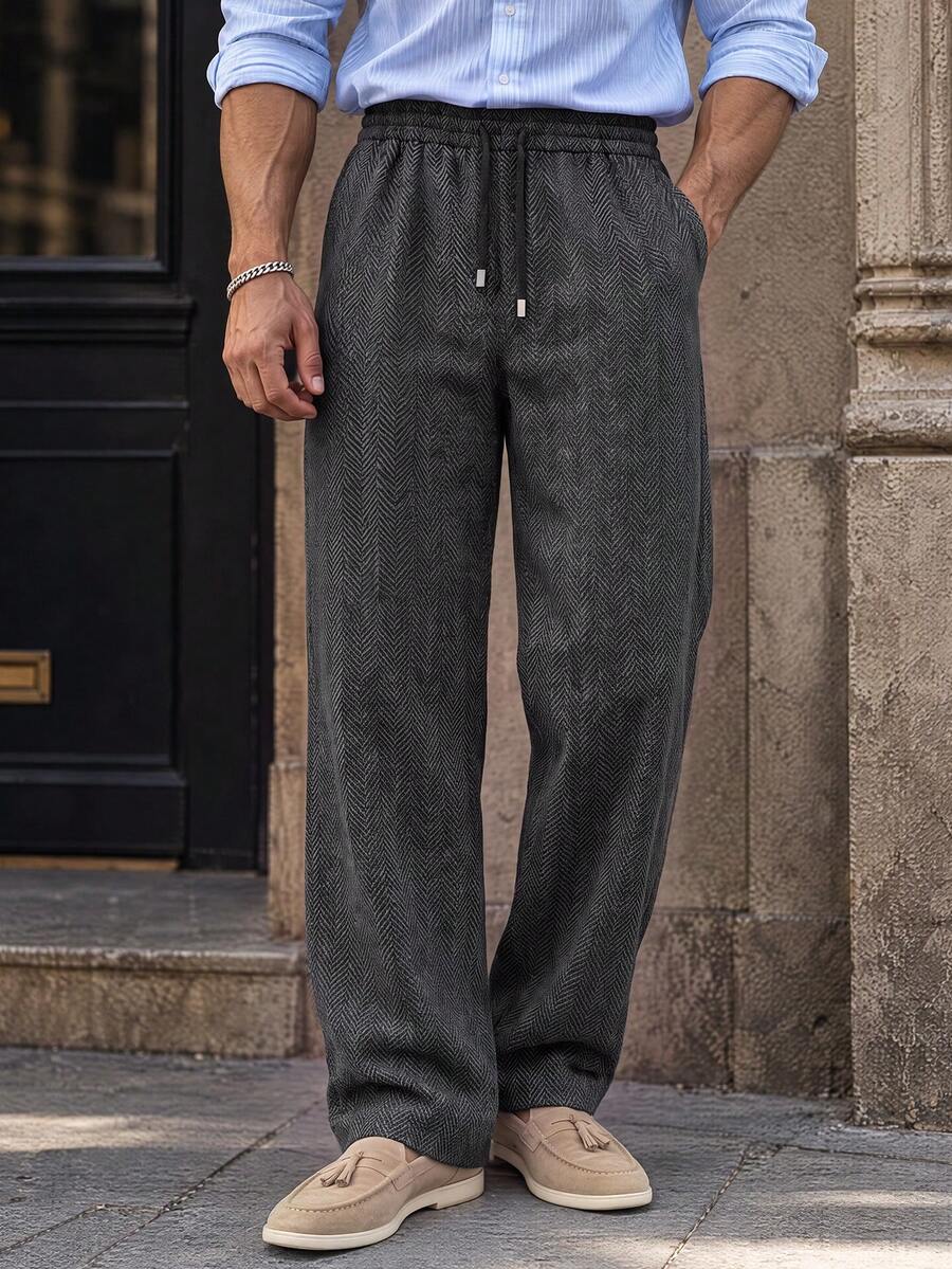 Men Fall Vintage Dark Grey Herringbone Wide Leg Pants, Elastic Waist Drawstring Relaxed Trousers With Pockets, Business Daily Holiday Bottoms - Dark Grey - View 1