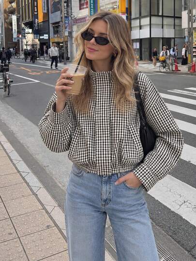 MUMRAP Plaid Print Stand Collar Drop Shoulder Long Sleeve Zipper Short Jacket