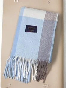 Okurime. 1pc 100% Wool Plaid Scarf For Women, High-Quality Shawl, Winter Neck Warmth, Birthday Gift, Suitable For Matching With Dresses - Blue - View 1