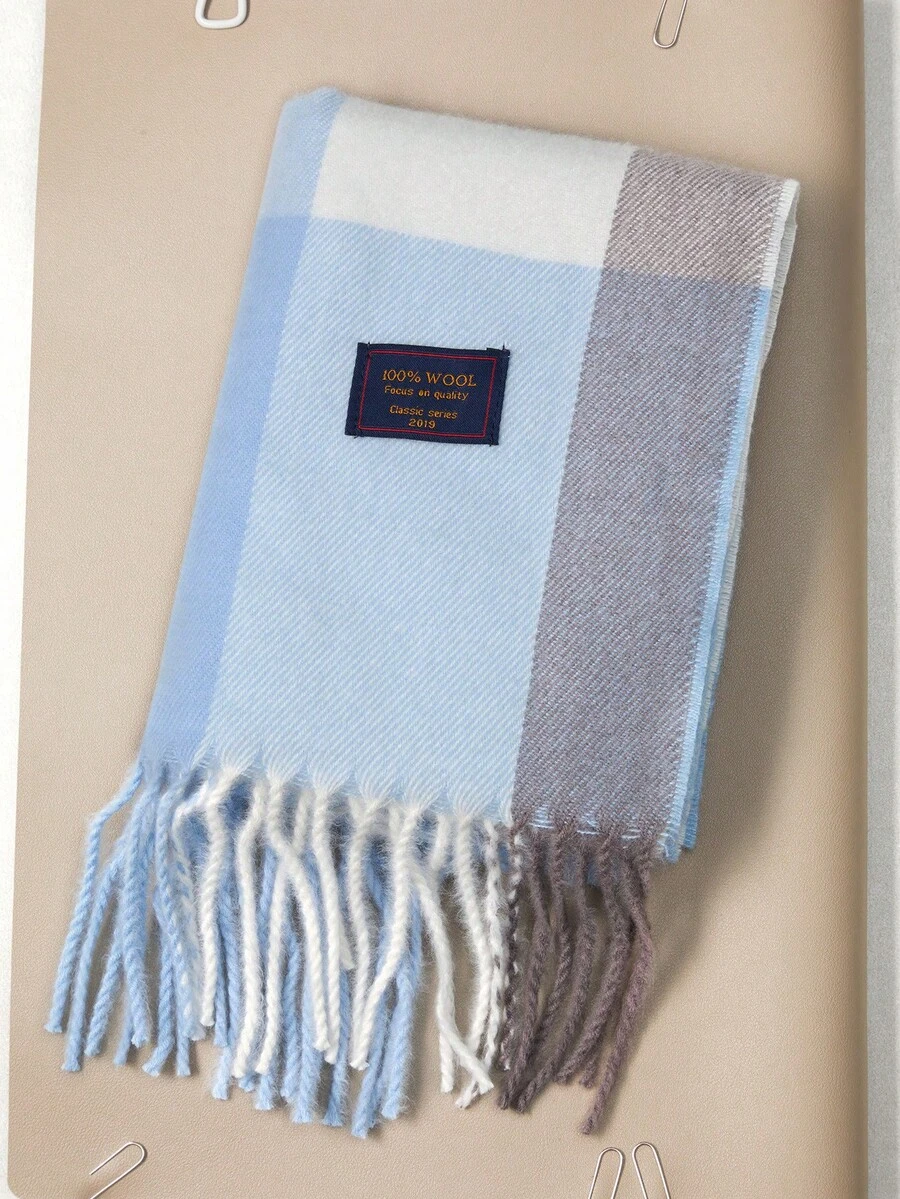 Okurime. 1pc 100% Wool Plaid Scarf For Women, High-Quality Shawl, Winter Neck Warmth, Birthday Gift, Suitable For Matching With Dresses - Blue - View 1