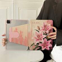 1件復古粉色百合花旋轉書本式平板保護殼，相容 A16 2025、Galaxy Tab S9 FE/S8 Plus/S7/S10、Pad、MatePad、Pad、Honor Pad、Xiaoxin Pad - 彩色 - 查看 2
