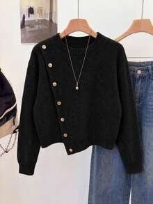 Elegant Women's Grey Long Sleeve Sweater, Rib-Knit With Stylish Asymmetrical Design And Gold Button Embellishments For Fall Winter - Black - View 5