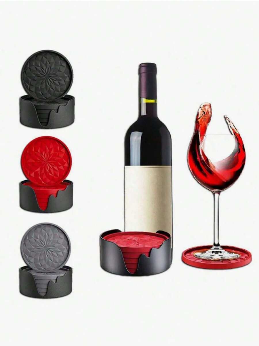 6/1pc Thick Solid Color Minimalist Silicone Round Coasters With Storage Rack, Non-Slip Heat-Resistant, Suitable For Kitchen, Dining Table, Cafe, Picnic, Holiday Party, Birthday Party, Gathering - Multicolor - View 1