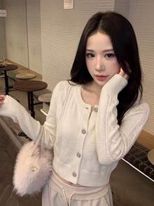 Minimalist Sexy Style Crochet Hollow Out Exquisite Button Knit Sweater Women Autumn/Winter New Round Neck Soft Fluffy Long Sleeve Crop Top - Apricot - View 2