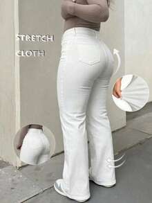 Plus Size White Flare Jeans, With Pockets And Zipper, High Elasticity Long Pants, Suitable For Daily Fashion Wear - White - View 3