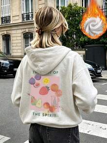 Women's Cute Hooded Sweatshirt, Drop Shoulder Long Sleeve Pullover, Fruit Pattern Print, Ribbed Knit Detail, Suitable For Warm Casual Wear - White Gray - View 5