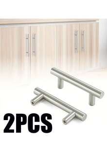2pcs Brushed Stainless Steel T-Bar Cabinet Pulls, 64mm Hole Center Solid Drawer Handles, Modern Furniture Hardware Suitable For Kitchen, Cupboard, Wardrobe, Bathroom, Dresser Cabinet Door - Hole Pitch: 64mm - View 2