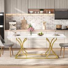 Luxurious Dining Table / Dining Table For 8–10 People / 2.5 Cm Thick Tabletop, Metal Legs / MDF Material, Marble Look / Suitable For Living Room And Dining Room, 200 * 80 Cm, White + Gold - White - View 4