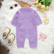 Infant Korean Style Gentle Purple Knitted Long Sleeve Romper, Baby Girl Sweet Style 3D Flower Romper, Baby Round Neck Front Button Romper - Purple - View 10