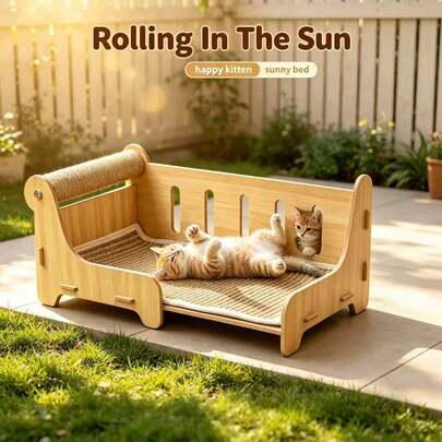 Wooden Cat Sofa With Sisal Scratcher, Sunny Yard Outdoor Cat Bed, Cozy Lounge For Indoor And Outdoor Napping, Ideal Gift For Kitty Family Members