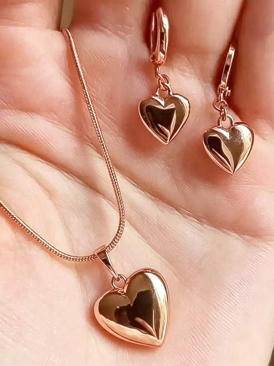 3pcs Fashion Elegant Gold Heart Pendant Necklace & Earrings Set, Women's Gift Set For Vacation, Party, Dating - Gold - View 1
