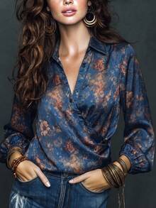 Women's Autumn Bohemian Print Button Satin Design Top, Comfortable Fashionable Elegant Versatile Commute Autumn/Winter Blouse - Navy Blue - View 3