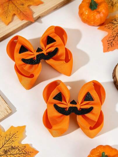 2pcs Halloween&Thanksgiving Bow Hair Clips,Orange Pumpkin Bow Alligator,Hair Barrettes,Hair Accessories Gift For Girls Kids Teen Holiday Party Wear