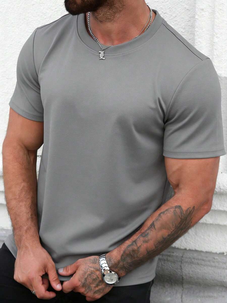Father's Day Gift Men's Casual Versatile Everyday Commute Simple Printed Short Sleeve T-Shirt, Spring/Summer - Light Grey - View 1