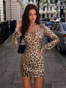Sexy Fashion Brown Leopard Print Sequin Long Sleeve Flare Sleeve Mini Dress, Elegant Style - Brown - View 4