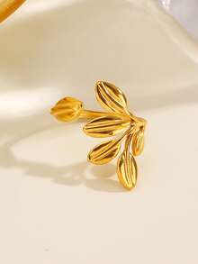 2pcs/Set Stainless Steel 18K Gold Plated Minimalist Leaf Ring Set Suitable For Women's Daily Wear And Shopping - Multicolor - View 5