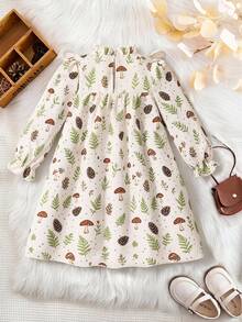 Young Girls Vintage Mushroom & Plant Print Dress, Ruffle Hem Big Bow Long Sleeve Loose Casual Cover-Up Dress - Mint Green - View 6