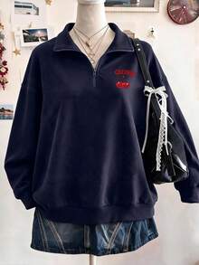 2pcs Set Suitable For Girls And Tween GirlsHalf-Zip Sweatshirt And Wide Leg Pants, Loose Fit Stand Collar Sweatshirt With Applique Embroidery Red Cherry Pattern And Loose Wide Leg Pants Matching Set, Suitable For Autumn/Winter Daily Wear - Multicolor - View 6