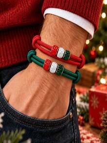 2pcs Christmas Adjustable Knotted Rope Bracelets, Red Green White Rhinestone Beads Wristbands, Holiday Party Decoration Jewelry, Suitable For Men And Women Christmas Gifts - Christmas Woven Bracelet - View 3
