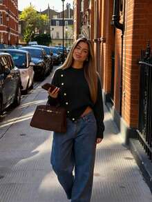 Elegant Women's Grey Long Sleeve Sweater, Rib-Knit With Stylish Asymmetrical Design And Gold Button Embellishments For Fall Winter - Black - View 6
