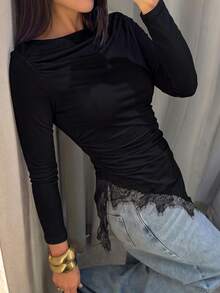 女款蕾絲不對稱下擺長袖上衣 - 黑色 - 查看 10