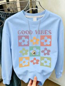 Girls Light Blue Crew Neck Sweatshirt, GOOD VIBES & Colorful Checkered Flower Loose Pullover Top - Blue - View 7
