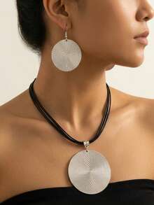 3pcs Vacation Style Shiny Silver Textured Disc Earrings Set, Bohemian Leather Cord Necklace, Versatile Party Jewelry For Women - Silver - View 1