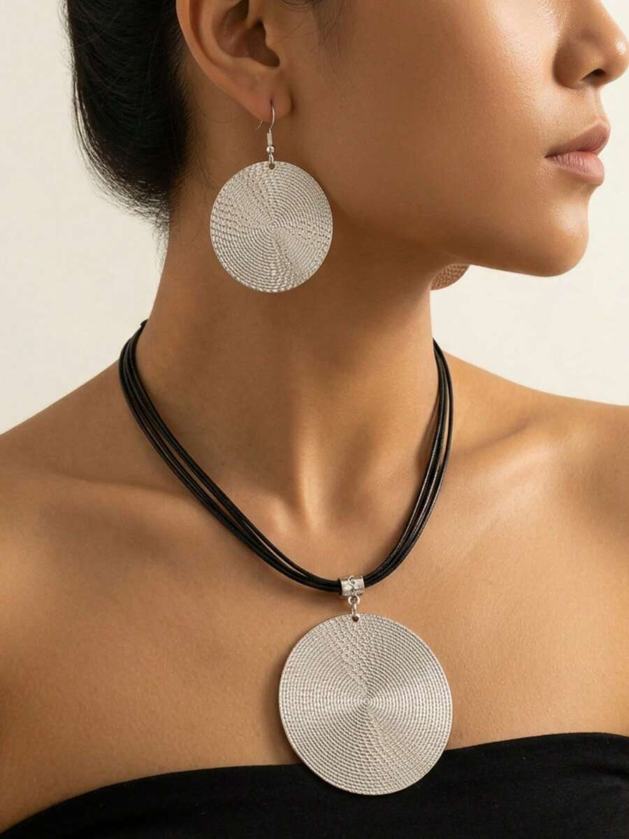 3pcs Vacation Style Shiny Silver Textured Disc Earrings Set, Bohemian Leather Cord Necklace, Versatile Party Jewelry For Women - Silver - View 1