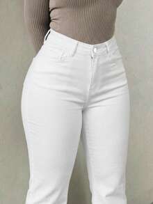 Plus Size White Flare Jeans, With Pockets And Zipper, High Elasticity Long Pants, Suitable For Daily Fashion Wear - White - View 5