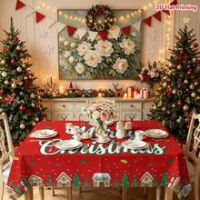 1件紅色背景聖誕主題桌布，中央手寫「Merry Christmas」文字搭配鹿角帽裝飾，周圍環繞小屋、雪人、聖誕樹、禮物盒、冬青葉與金箔點綴，適用於廚房餐桌布置、餐廳裝飾、野餐露營、派對場景、農舍風裝飾、桌面美化與營造節日氛圍 - 彩色 - 查看 12