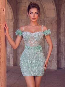 Women's Sequin Short Pencil Dress, Off-Shoulder Spaghetti Strap Design, Elegant Formal Gown, Suitable For Vacation And Wedding - Green - View 9