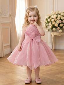 Baby Girls Spaghetti Strap Ruched Bow Starry Tulle Cute Birthday Princess Dress, Suitable For Party, Wedding Flower Girl, Vacation, Without Headband - Dusty Pink - View 7