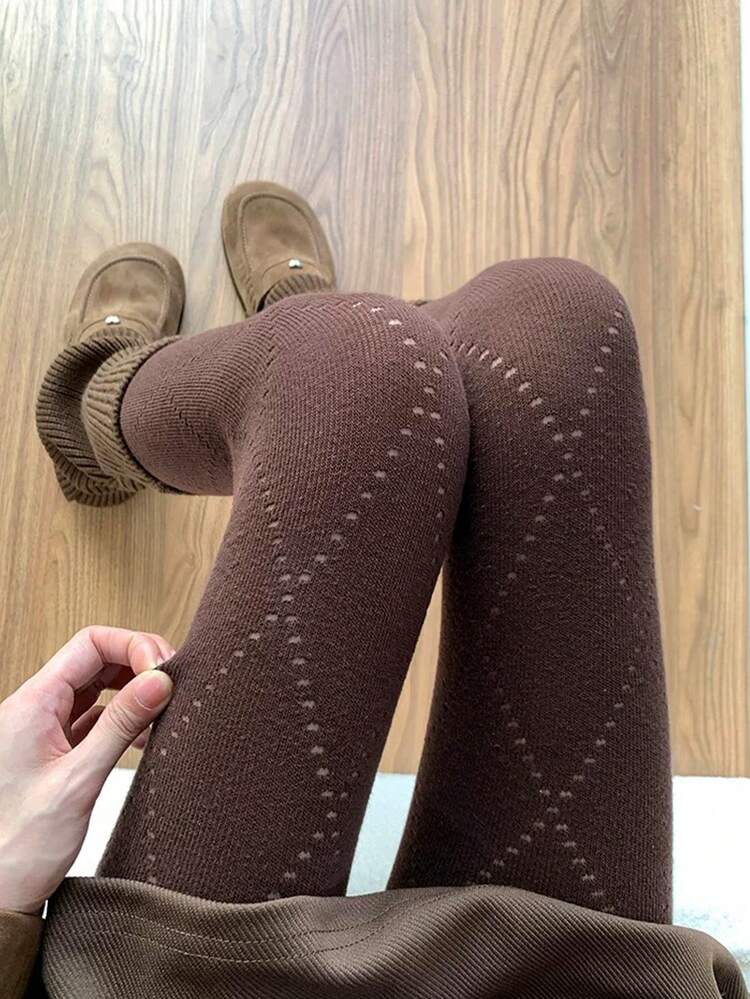 1pc Women's Warm Leggings, Casual Versatile Brown Base Layer, Japanese JK Argyle Grid Thick Tights For Autumn/Winter - Coffee Brown - View 17
