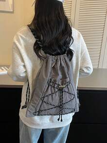 Grey Drawstring Bag, Large Capacity Multi-Functional Drawstring Backpack, Fashionable Sports, Suitable For School, Commuting, Daily Casual Use, Cute Design - Grey - View 3