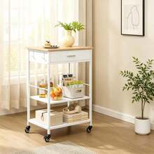 VASAGLE Carrito de Cocina con Ruedas, Isla de Cocina Móvil, 45 x 60 x 90 cm, con Cajón, 2 Ganchos, para Comedor, Beige Rbole y Blanco Mate - Blanco - Ver 2