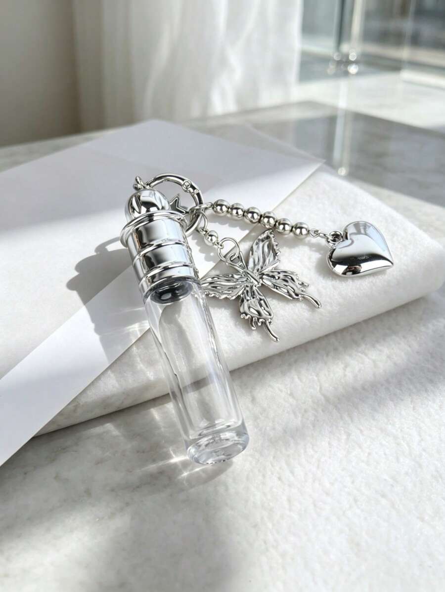 8ml Roller Perfume Bottle, Portable Refillable Glass Essential Oil Bottle With Silver Butterfly Heart Key Chain Pendant, Mini Roll Container For Women's Travel, Pocket Size Perfume Sample Container For Daily Makeup And Outdoor Carrying - Multicolor - View 1